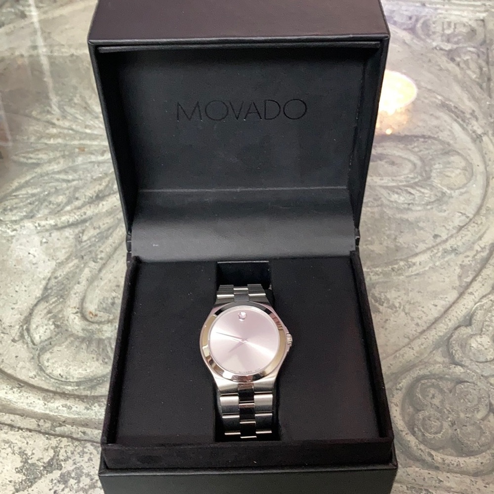 New Movado Mens Silver Sunday Dial Steel Watch